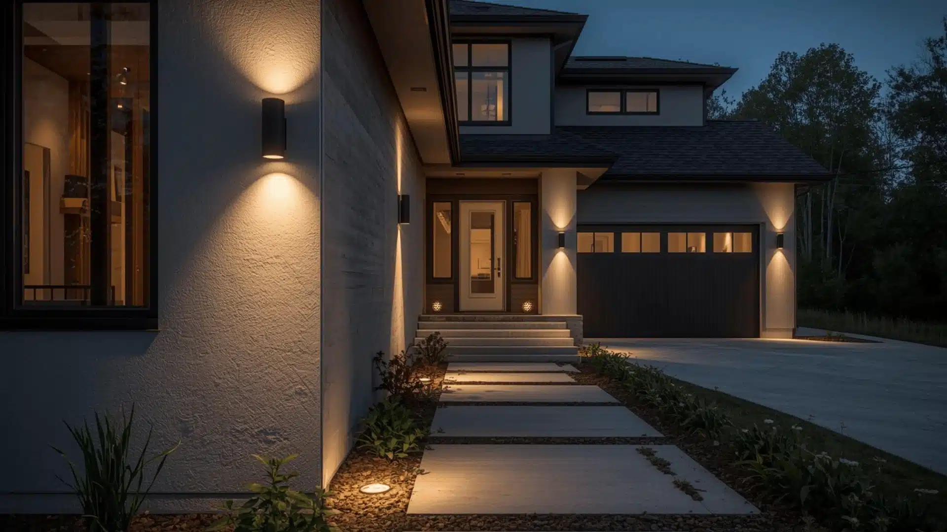 Contemporary home exterior at dusk with layered entry, path, and garage lighting.