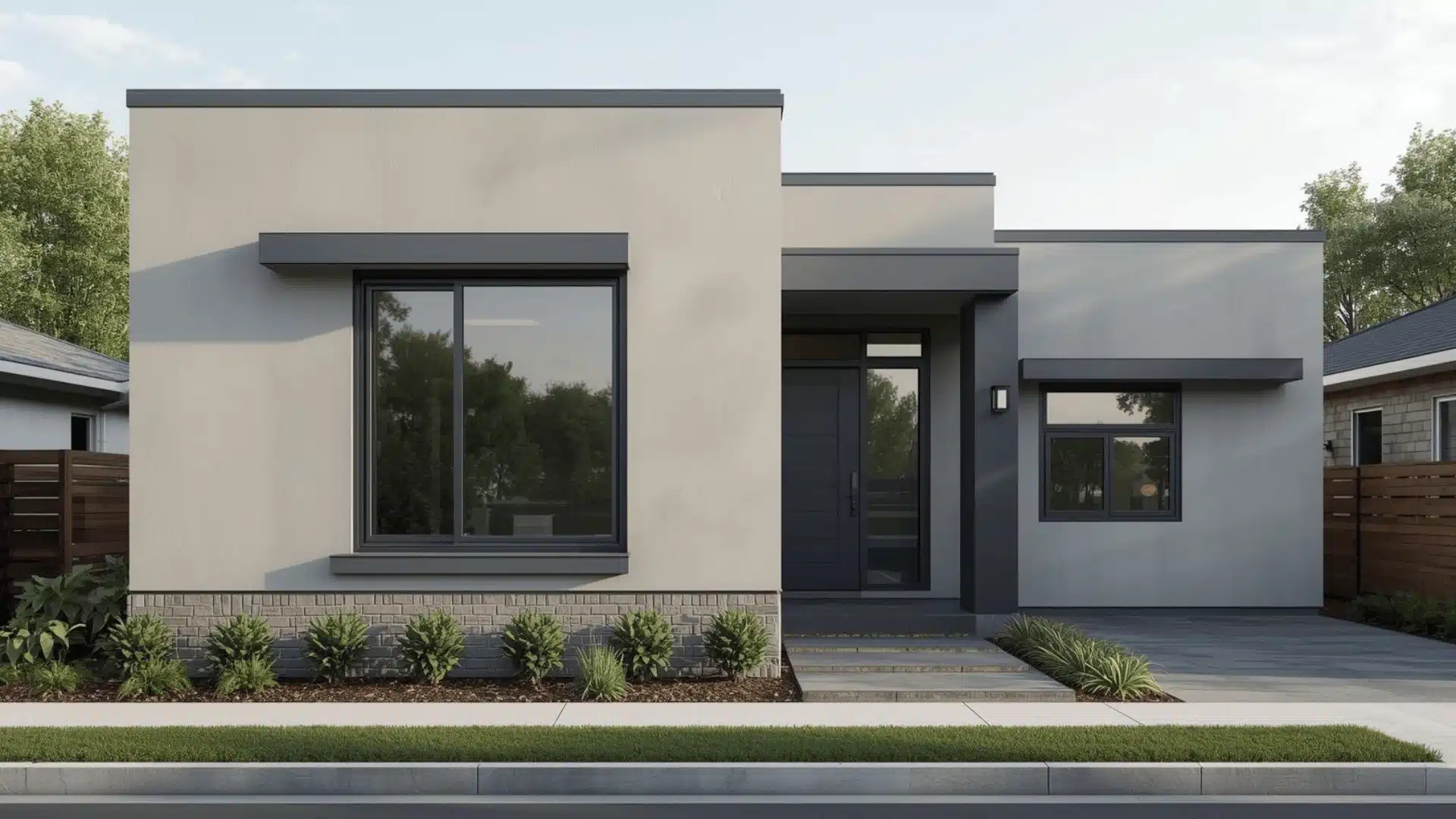 Contemporary home exterior with minimal trim and clean, sharp edges.