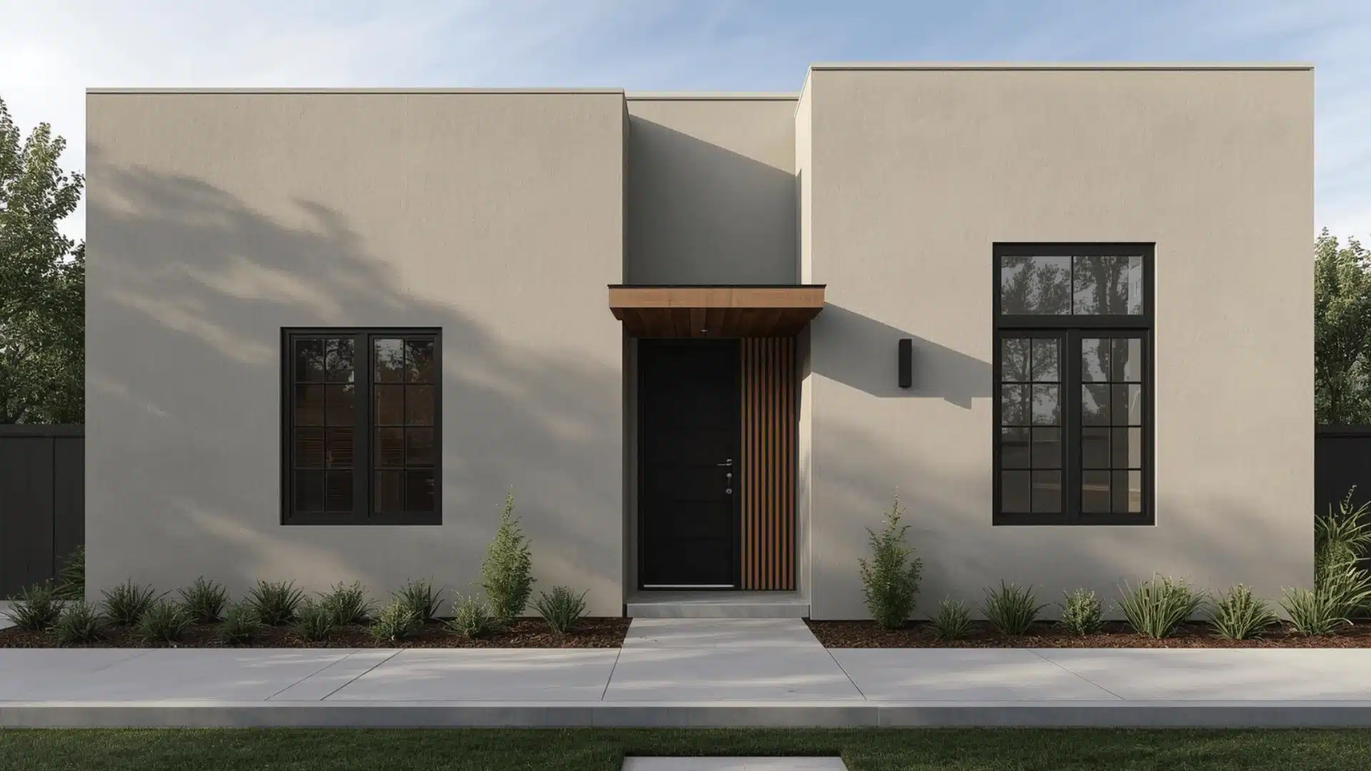 Contemporary home exterior with small warm wood accents at the entry and soffit.