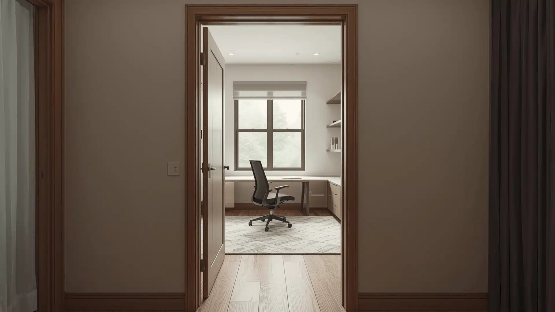 Contemporary home office with a door, desk, and natural light.