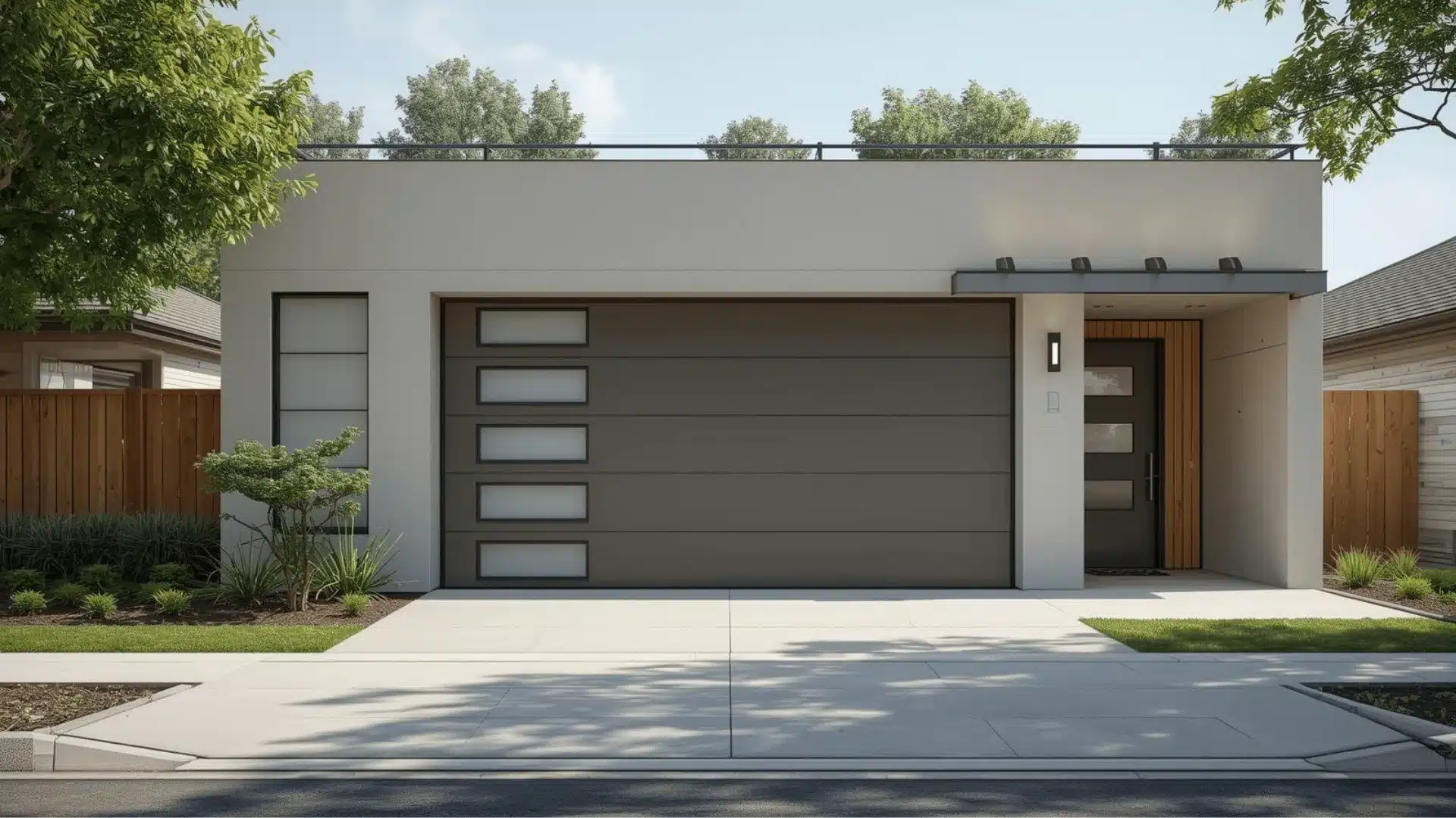 Contemporary home with a flush modern garage door matching the window frames.