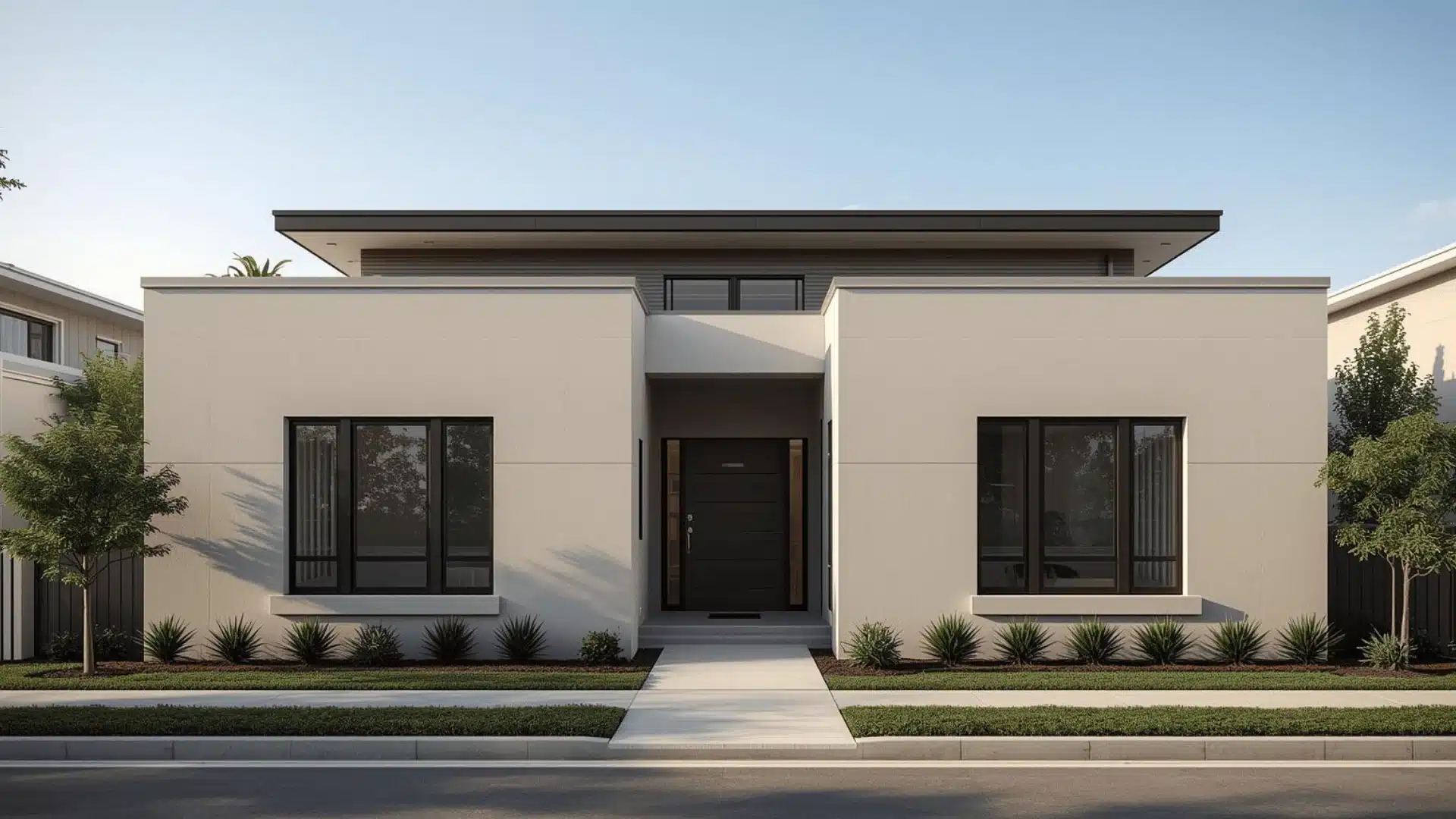 Contemporary home with a low-slope roofline and clean, well-detailed drainage design.