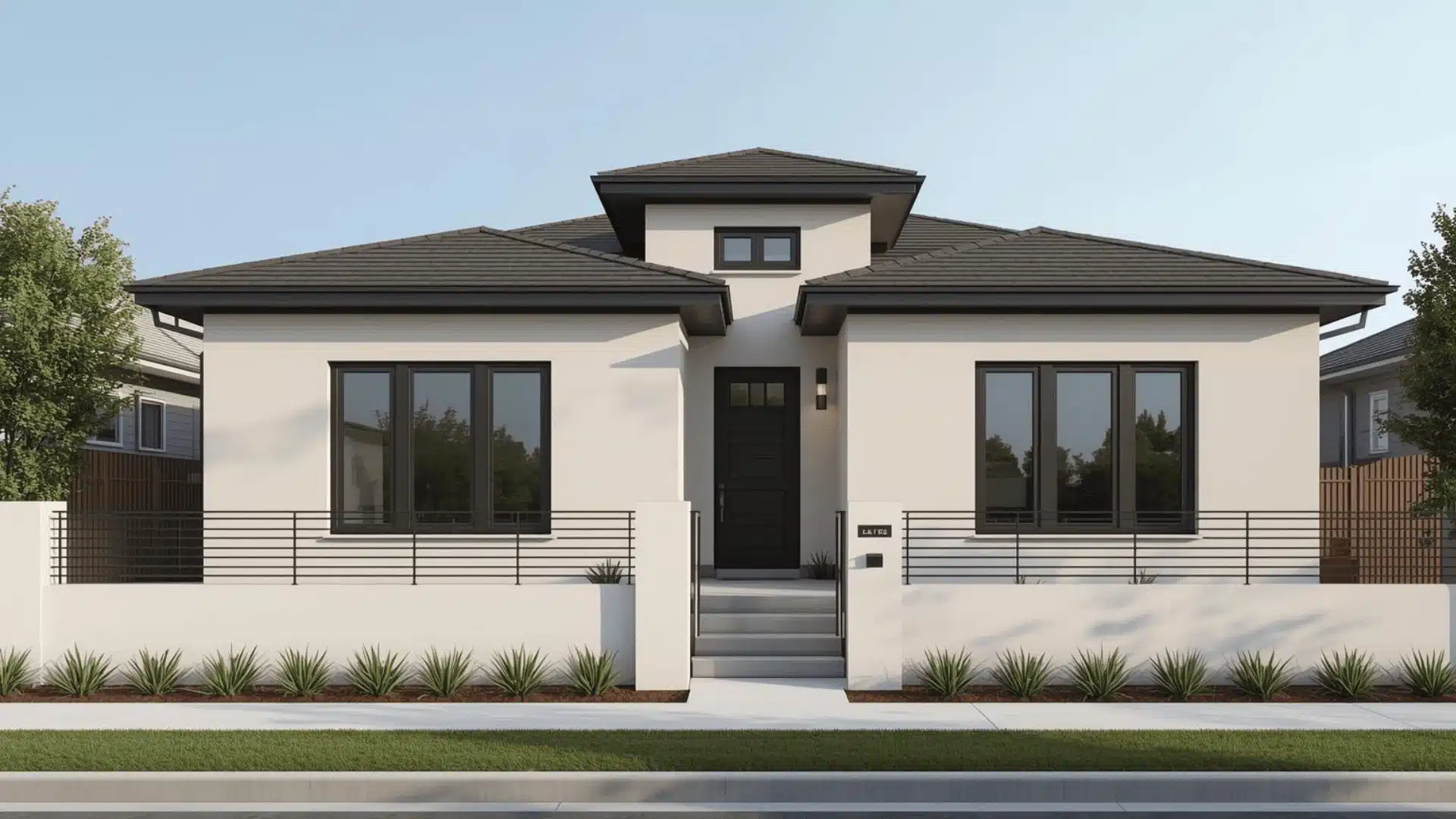 Contemporary home with a neutral exterior and dark window frame accents.