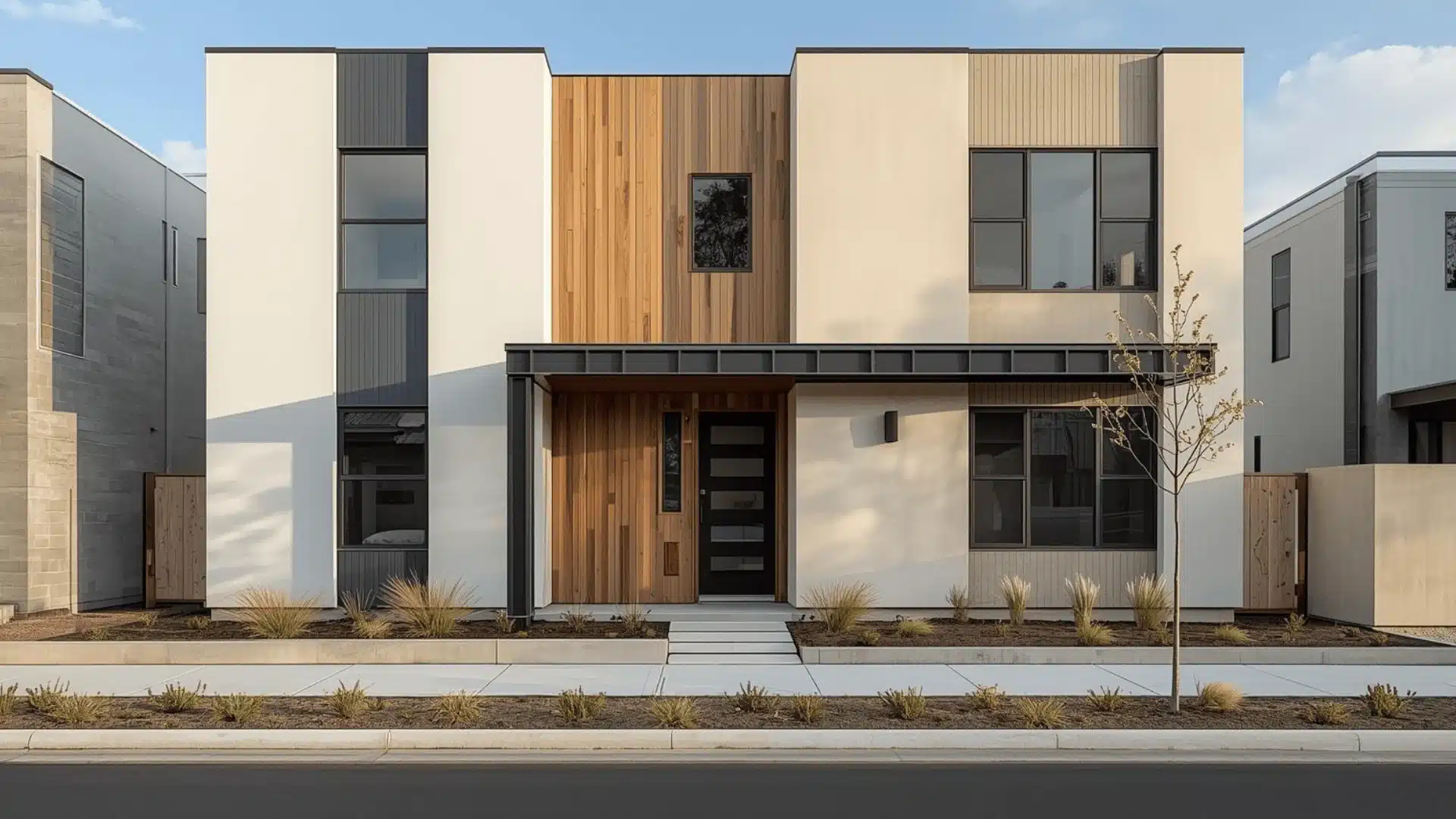 Contemporary house exterior with a consistent mix of stucco, wood entry accents, and metal details.