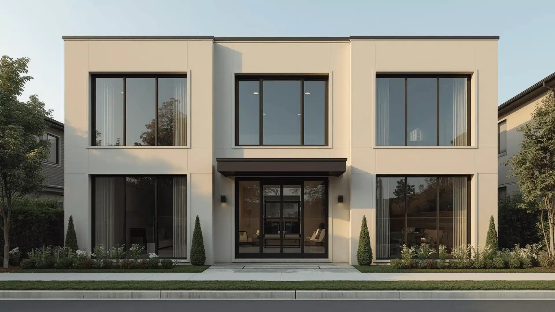 Contemporary house exterior with large, balanced windows aligned in a clean grid.