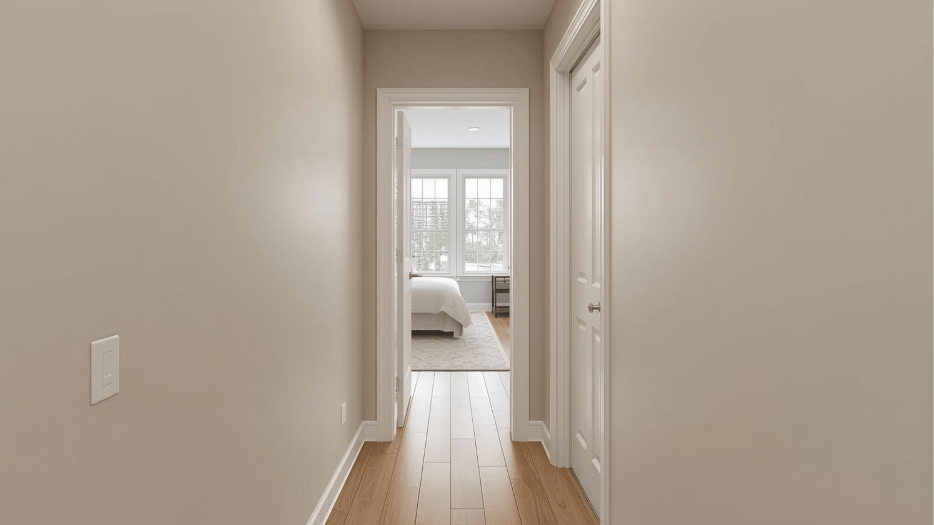 Contemporary kitchen with a walk-in pantry and hidden appliance storage.Contemporary kitchen with a walk-in pantry and hidden appliance storage.Contemporary hallway leading to a quiet bedroom wing
