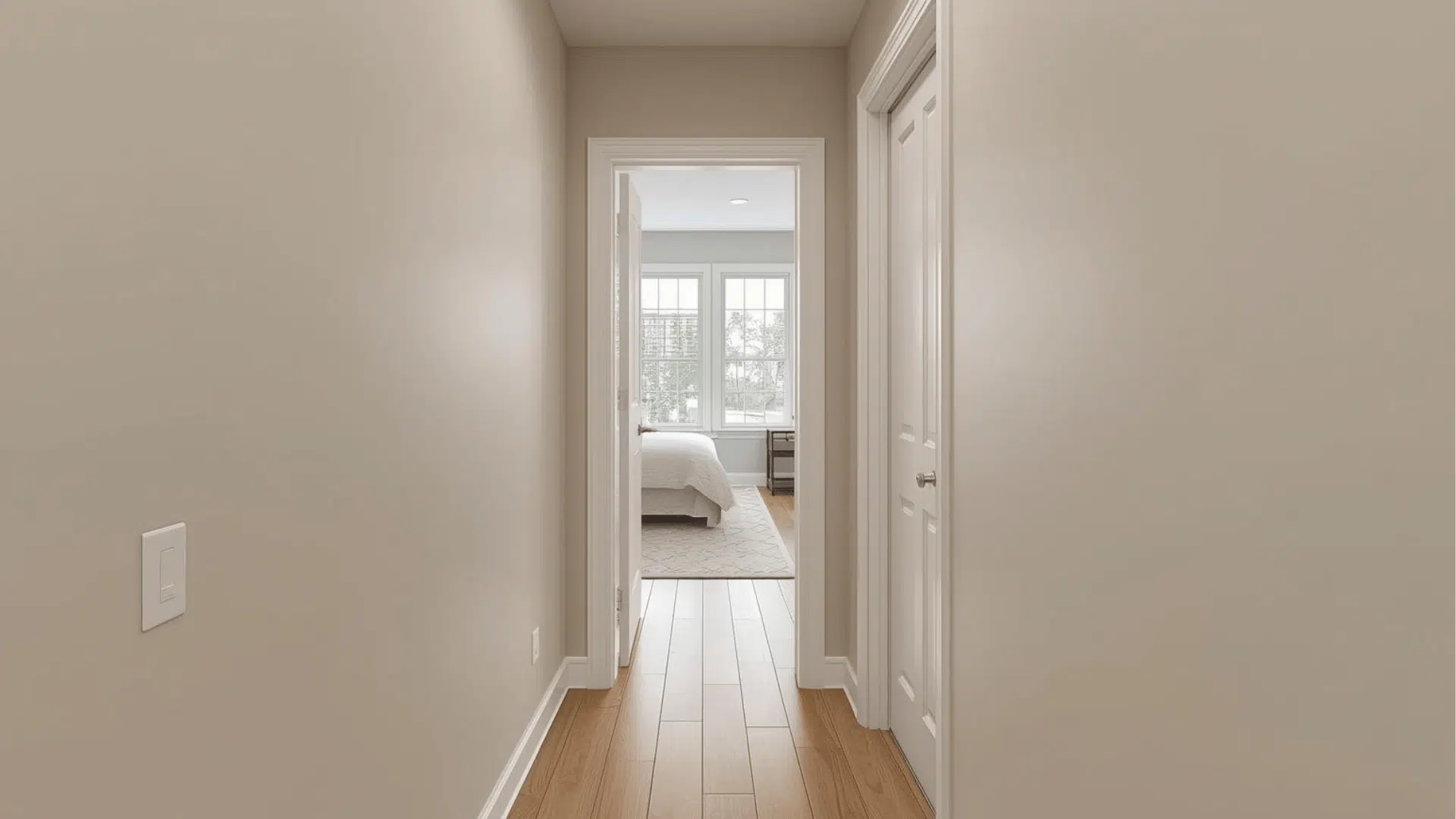 Contemporary kitchen with a walk-in pantry and hidden appliance storage.Contemporary kitchen with a walk-in pantry and hidden appliance storage.Contemporary hallway leading to a quiet bedroom wing