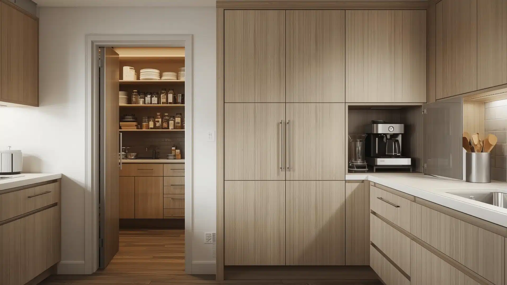 Contemporary kitchen with a walk-in pantry and hidden appliance storage.