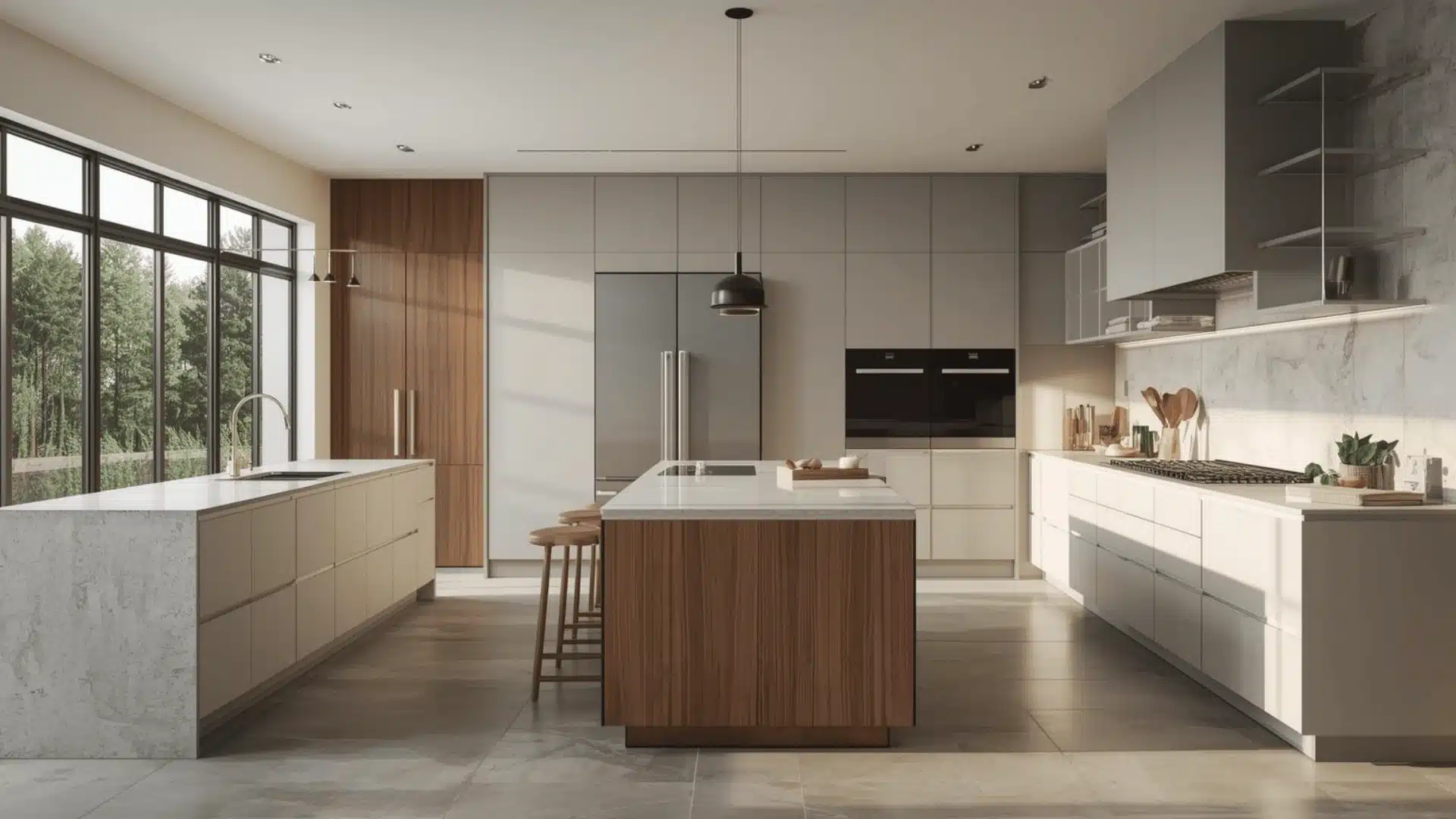 Contemporary kitchen with an efficient sink, fridge, and cooktop layout.