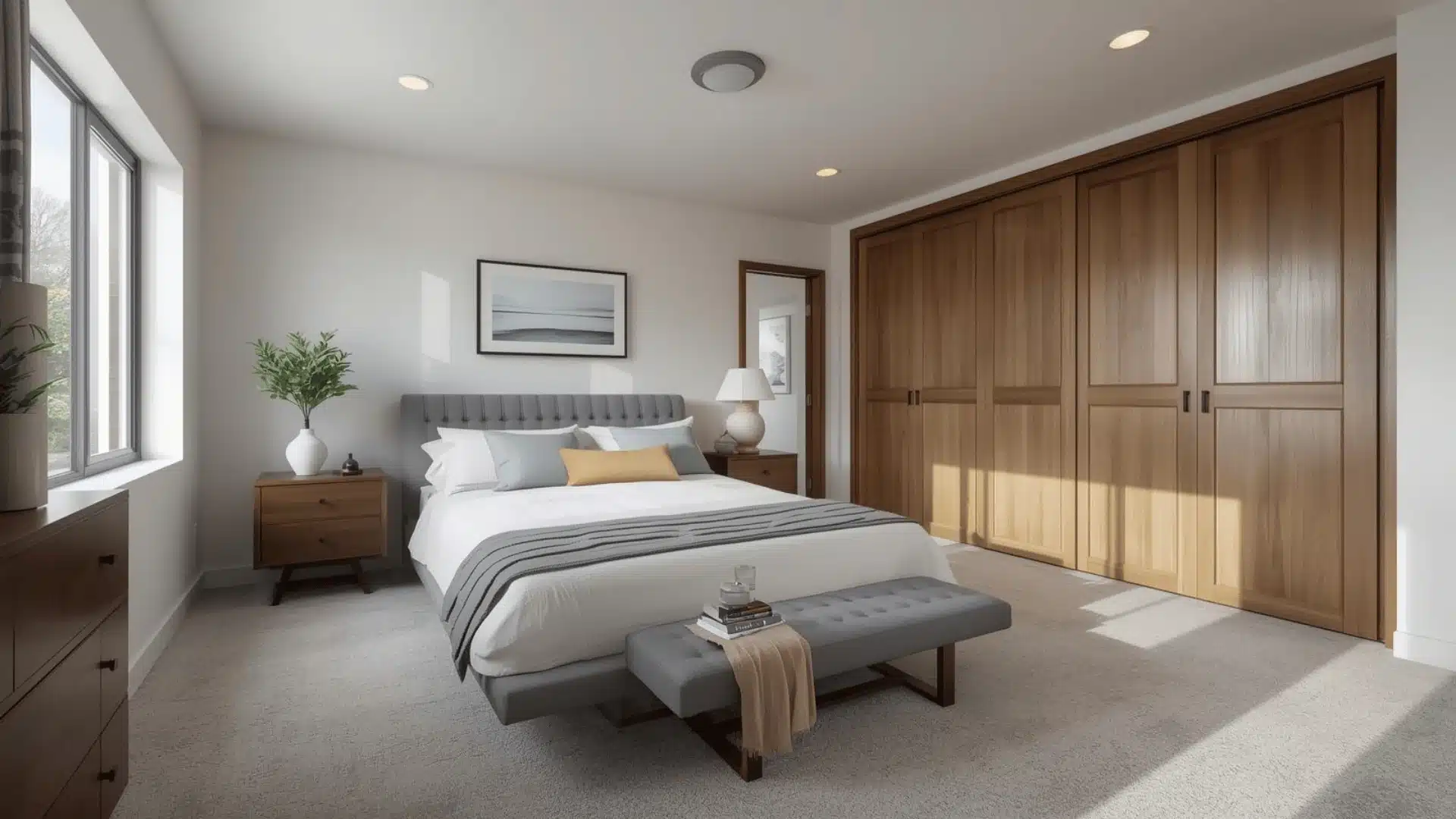 Contemporary main-level flex bedroom with simple furnishings and a closet.