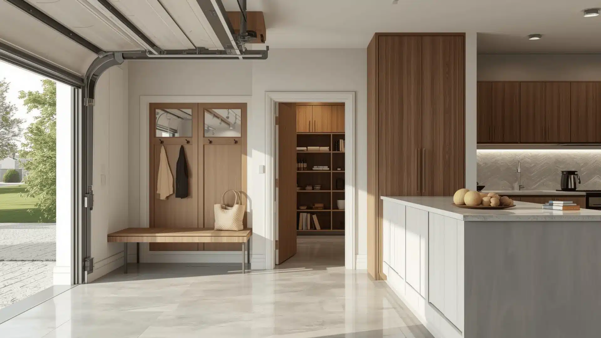 Contemporary mudroom entry with a short path from garage to pantry.