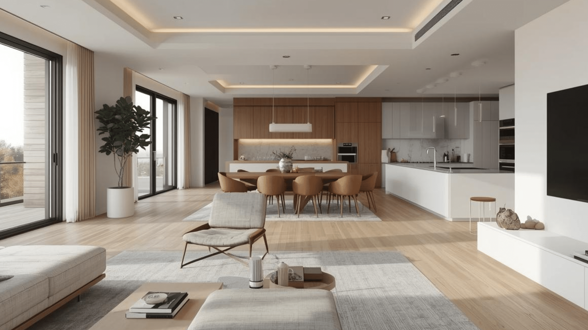 Contemporary open-plan great room with zoned kitchen, dining, and living areas. (2)