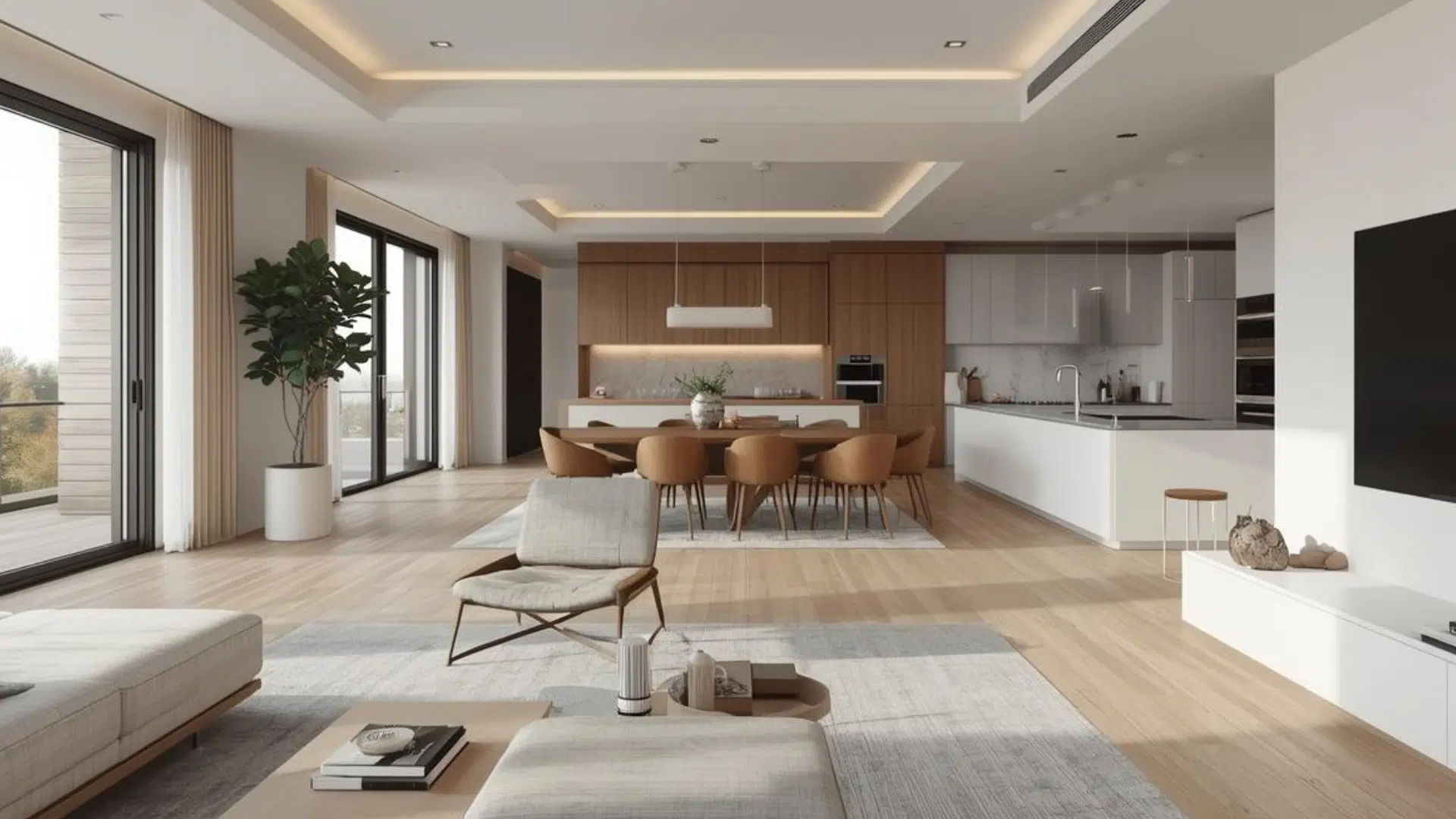 Contemporary open-plan great room with zoned kitchen, dining, and living areas. (2)