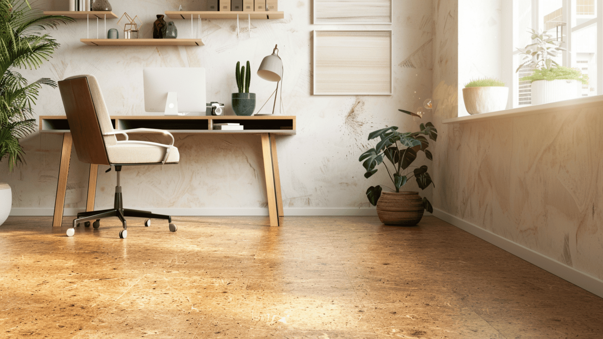  A modern home office with cork flooring with a wooden desk, leather chair, potted plants, and shelves with books. Sunlight streams through a large window, creating a cozy ambiance.