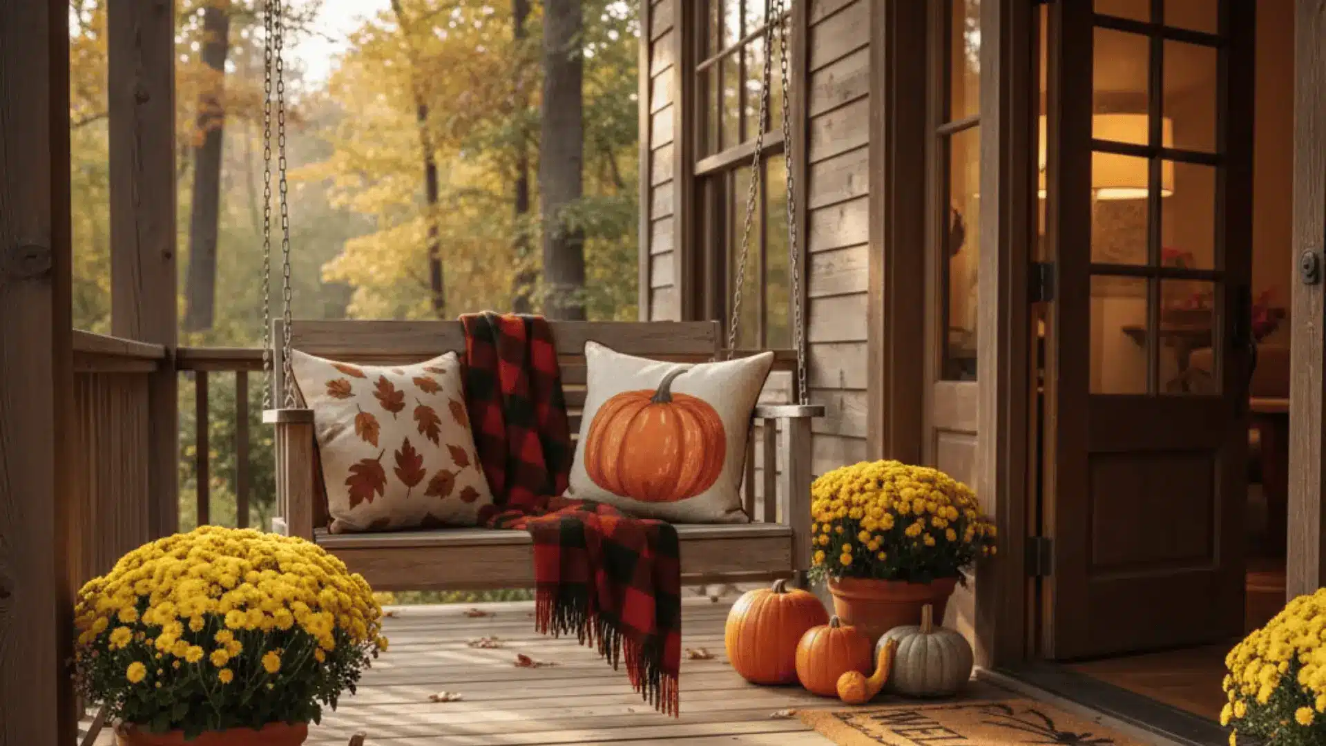 Front porch swing with plaid throw, pillows, and seasonal pumpkins for a cozy corner.