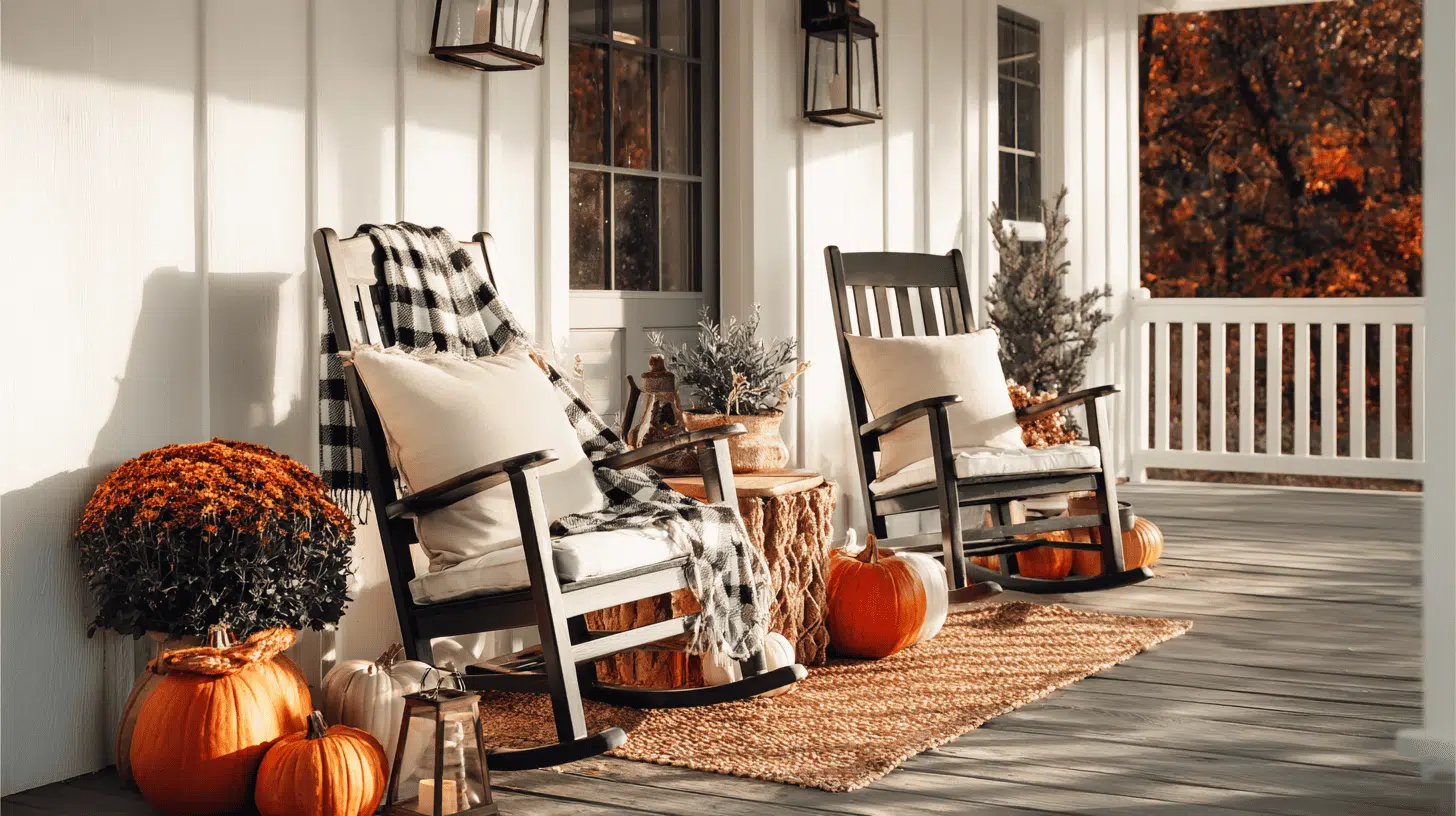Porch with rocking chairs, neutral cushions, plaid throws, and fall pumpkins.