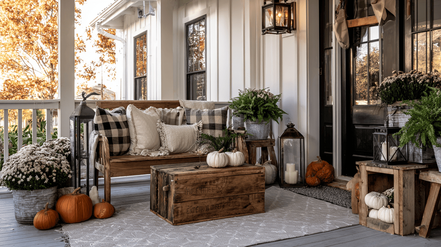 Farmhouse porch with wood crates, benches, neutral pillows, and fall pumpkins.