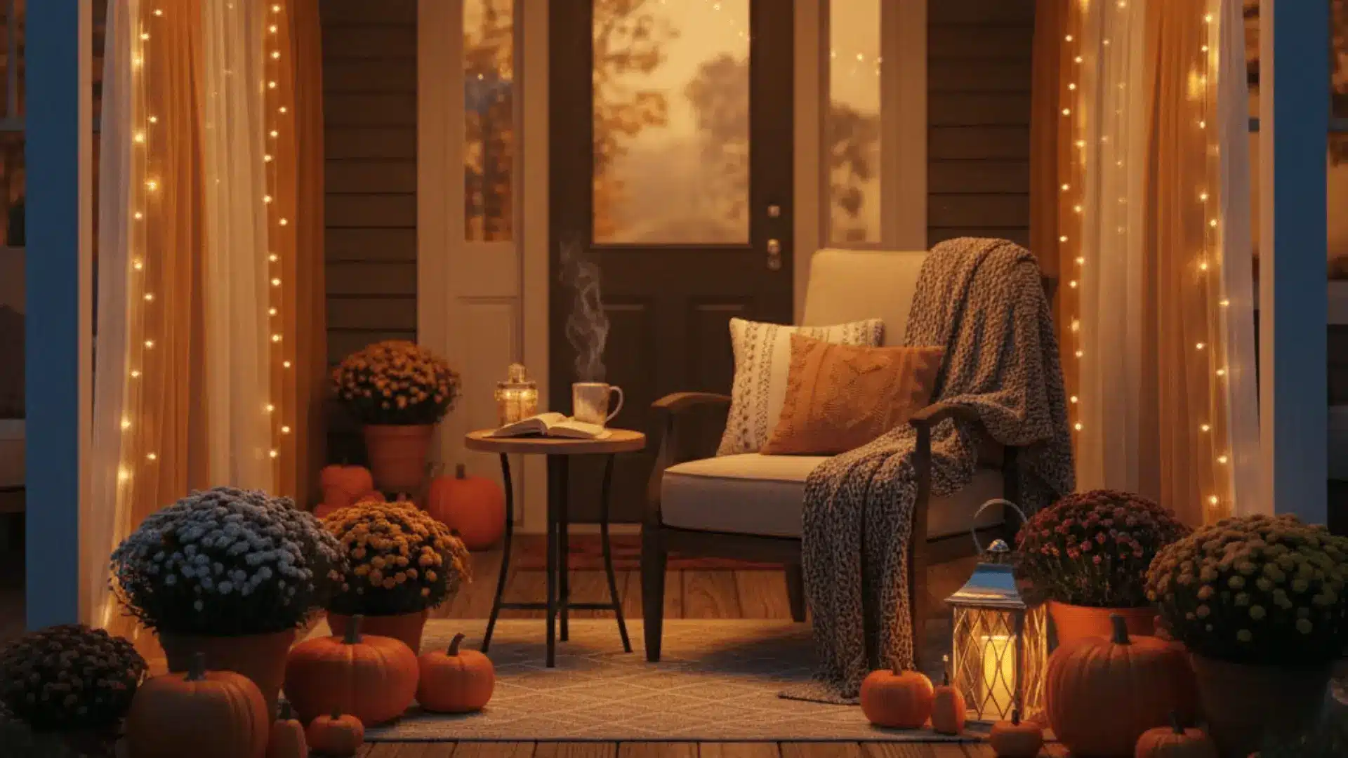 Porch with a lightweight fabric canopy and string lights creating a cozy fall corner.