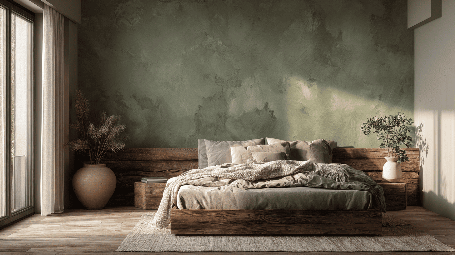 Earth Tone Accent Wall In Modern Rustic Bedroom