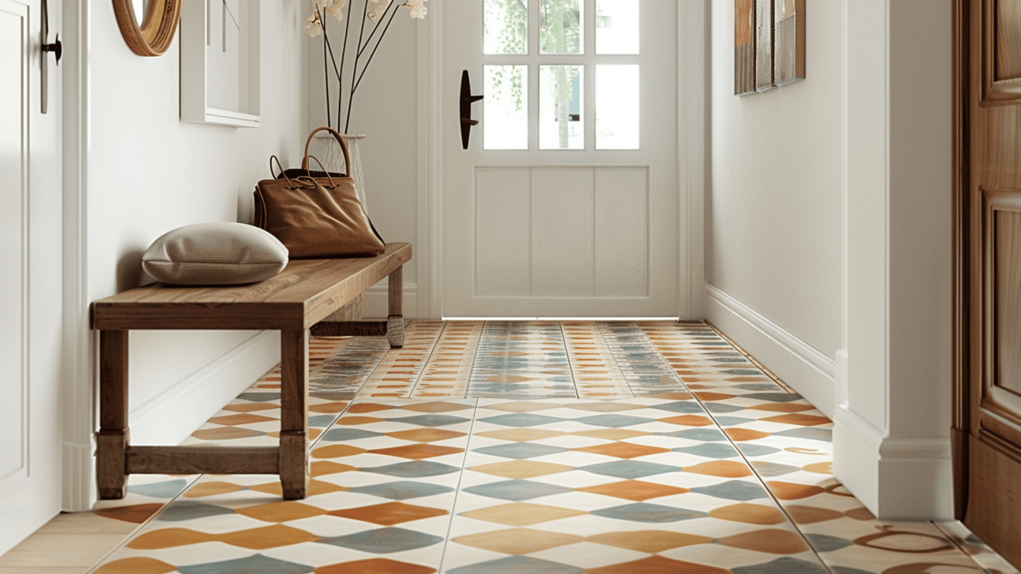 A hallway with colorful geometric encaustic cement tiles leads to a white door with glass panels. A wooden bench holds a pillow and a bag, while flowers in a vase add warmth.