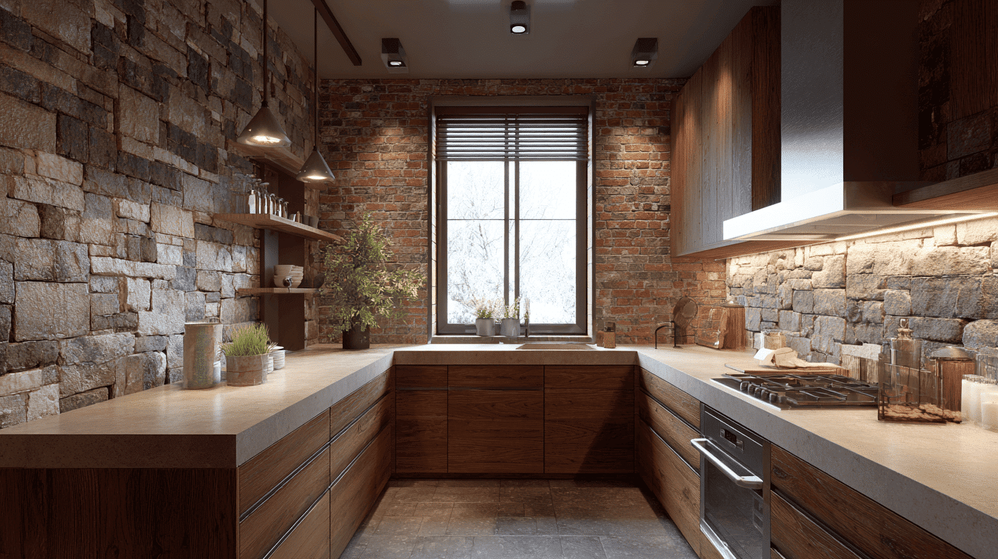 Exposed Brick Or Stone Backsplash In Rustic Kitchen