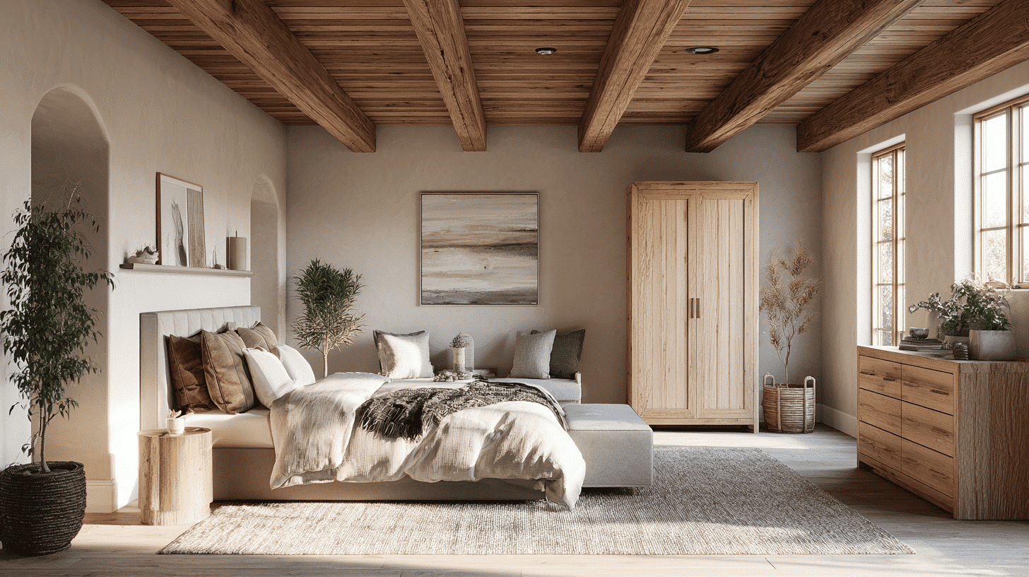 Exposed Wood Beams In Modern Rustic Bedroom Ceiling
