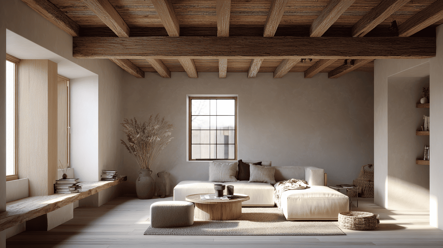 Exposed Wooden Ceiling Beams In Modern Rustic Living Room