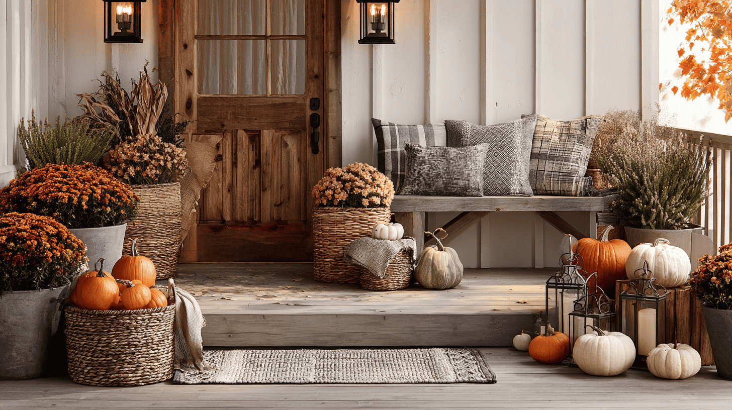 Porch baskets filled with pumpkins, gourds, and seasonal florals for a warm look.