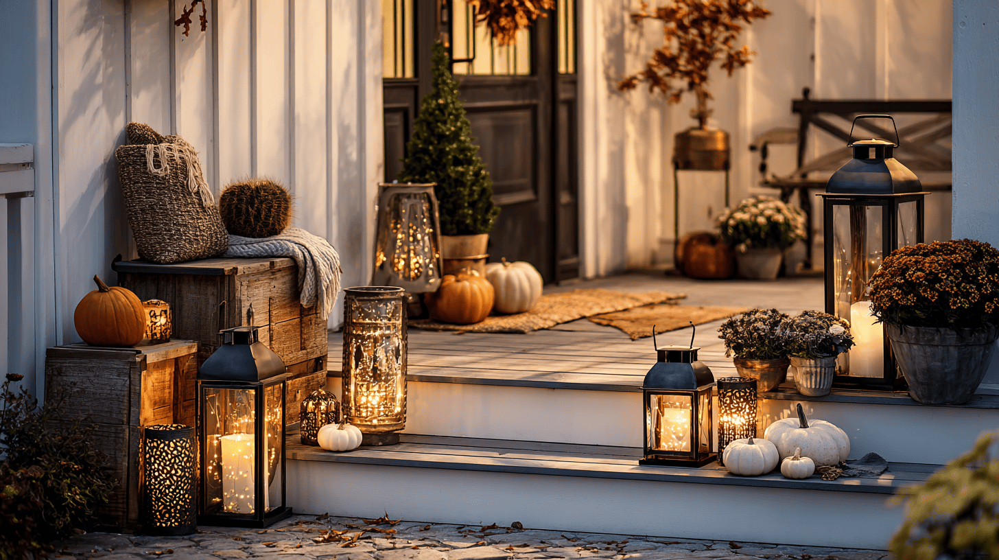 Porch with grouped lanterns of varying sizes and pumpkins creating a cozy fall look.