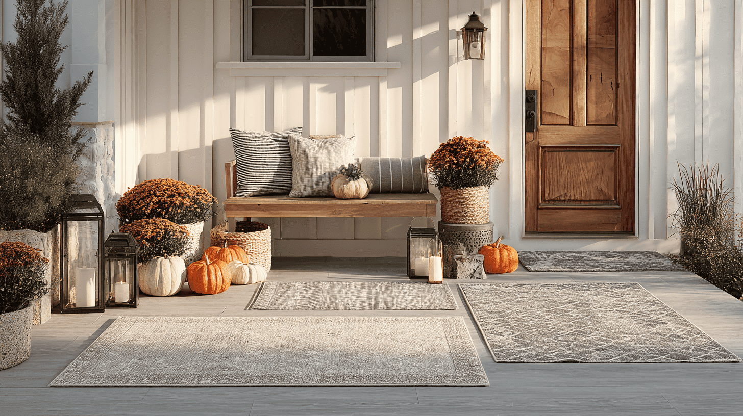 Front porch with layered neutral outdoor rugs and a few pumpkins and planters.