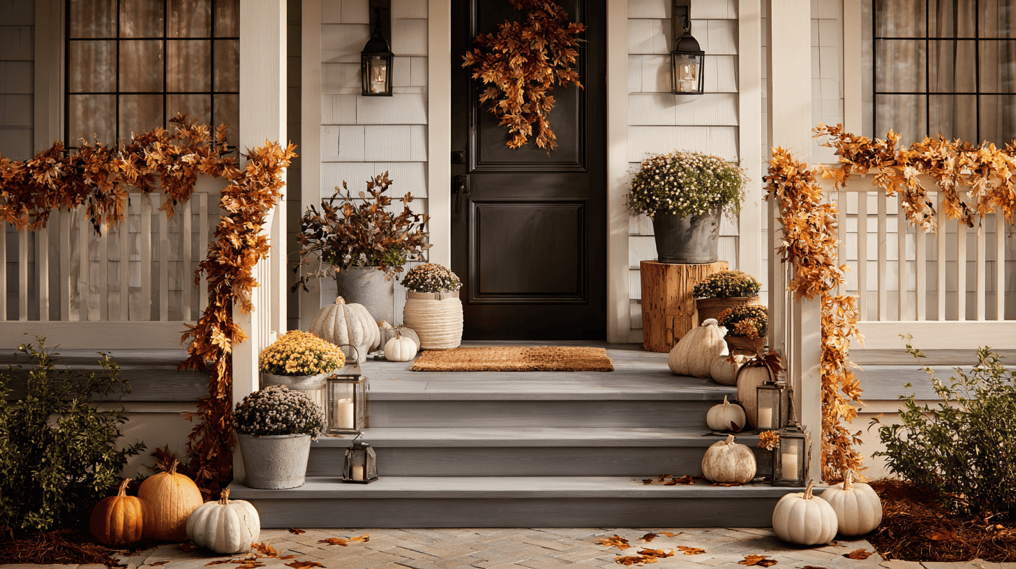 Porch railings wrapped with orange, yellow, and brown leaf garlands and pumpkins.