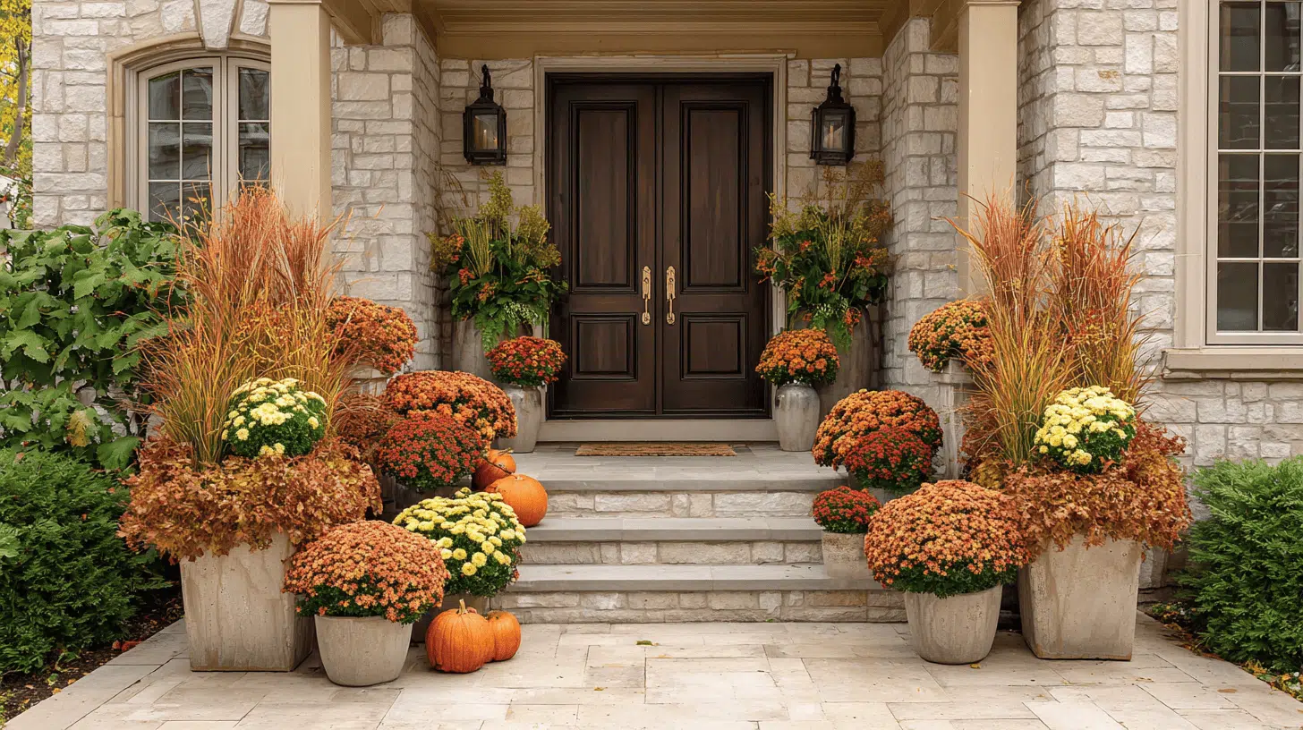 Symmetrical stone planters with fall mums frame a front door elegantly.