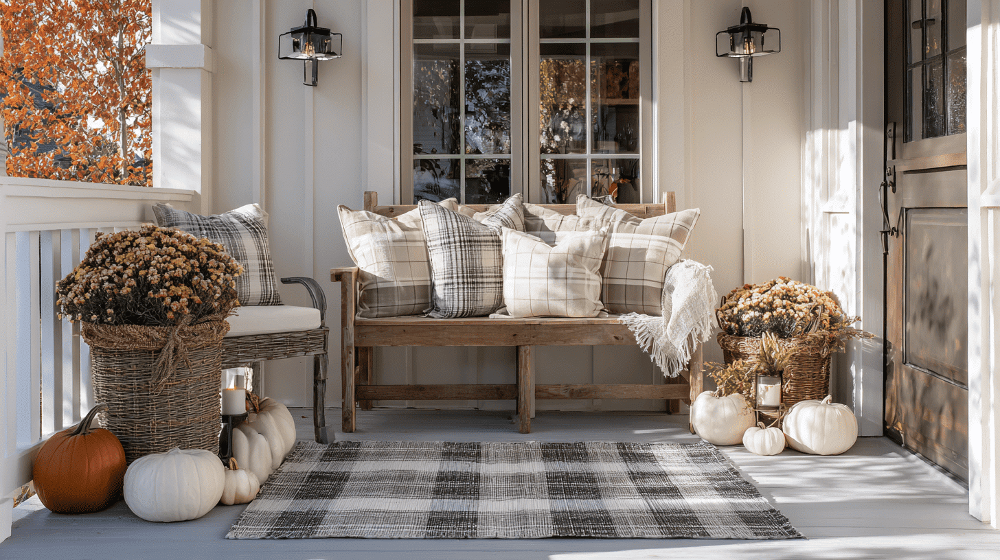 Porch styled with neutral plaid pillows or rug and simple pumpkins for fall.