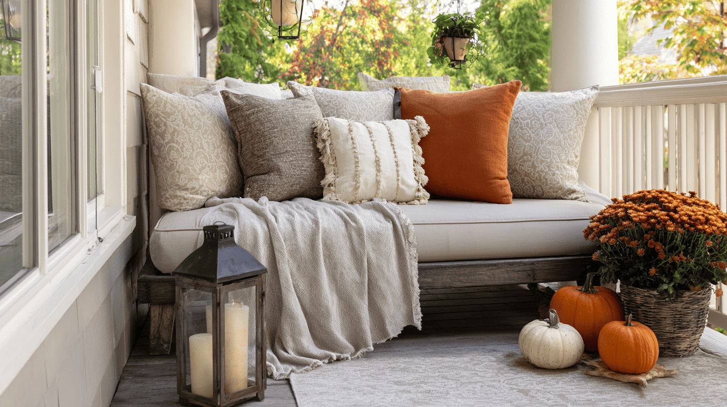 Porch seating with fall-colored pillows, a throw, and nearby pumpkins for a cozy feel.