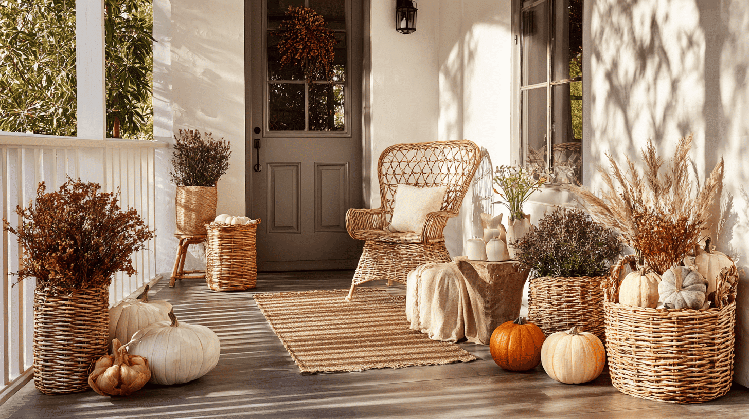 Porch decorated with wicker and rattan baskets filled with pumpkins and gourds for fall.