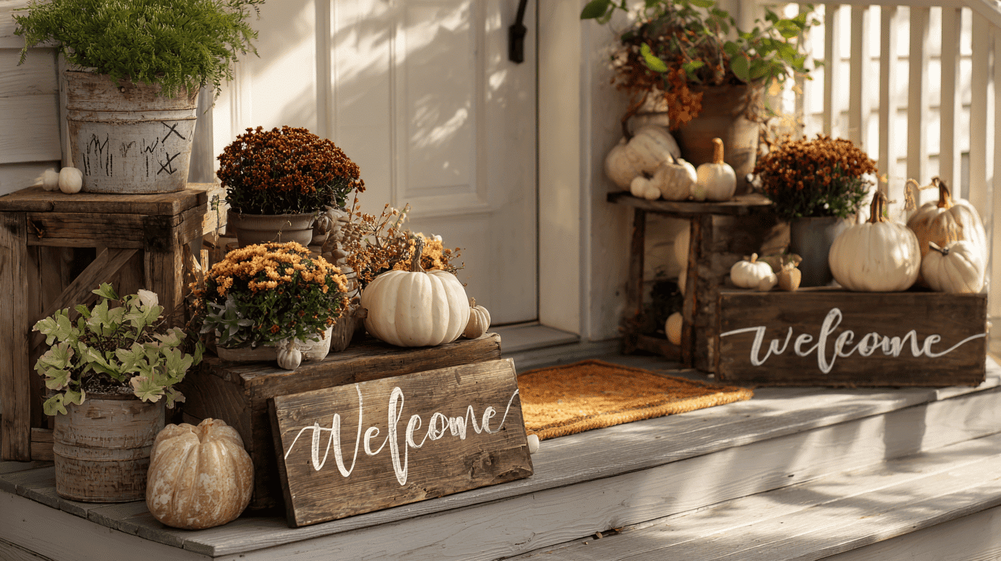 Wooden fall-themed welcome sign displayed near the front door with pumpkins.