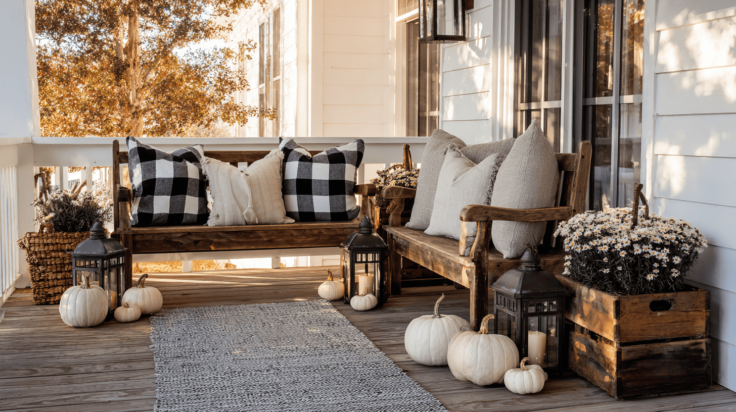 Farmhouse porch with buffalo check pillows, neutral pumpkins, and a lantern.
