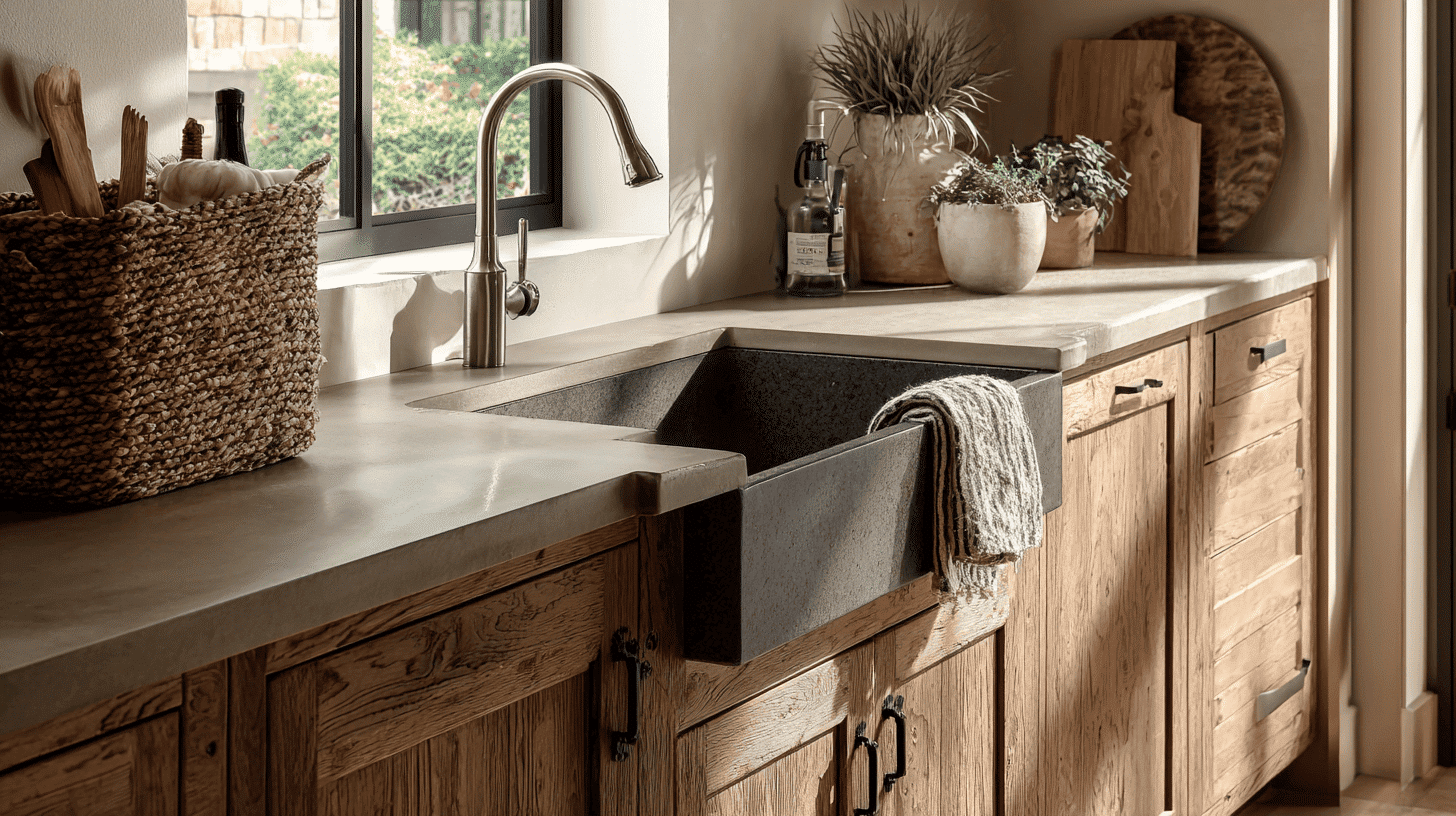 Farmhouse Sink With Modern Faucet In Modern Rustic Kitchen