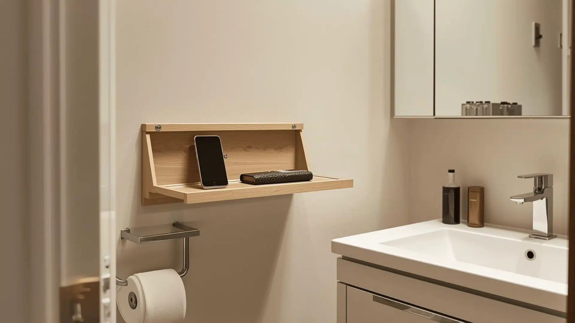 Fold-Down Wall Shelf In Small Half Bath