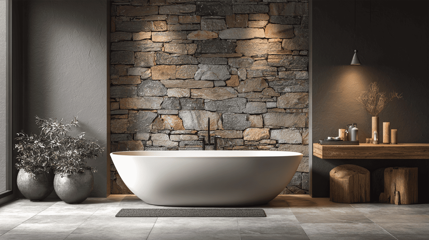 Freestanding Tub With Rustic Backdrop In Bathroom