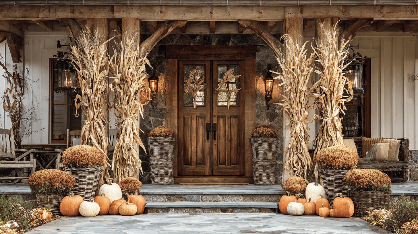 Front door flanked by cornstalks tied with ribbon and surrounded by pumpkins.