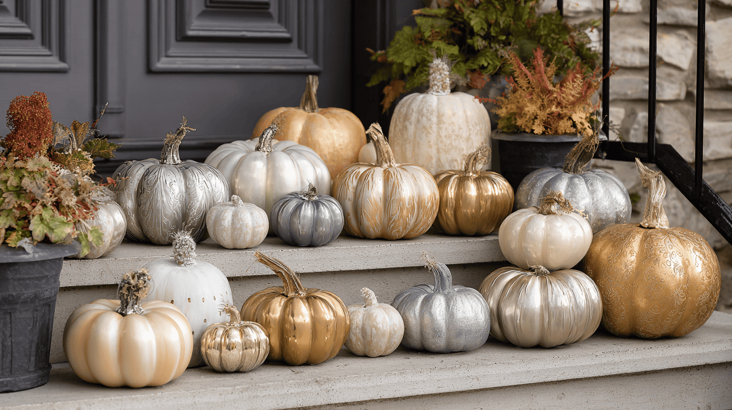 Front porch decorated with soft metallic and neutral pumpkins in small clusters.