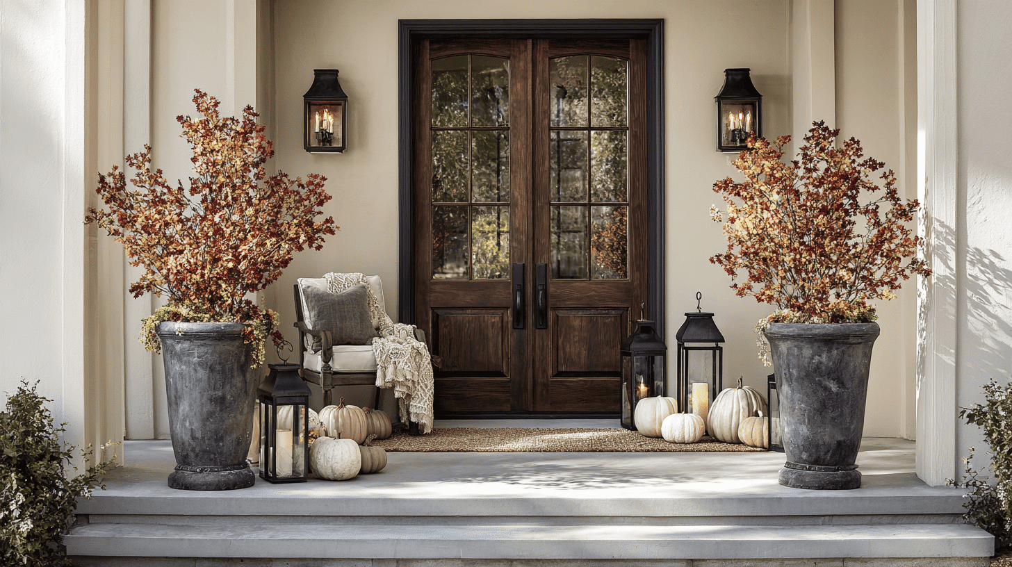 Tall urn planters with fall branches and pumpkins create height and texture.