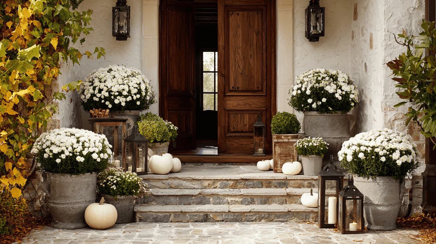 Stone planters with white mums and pumpkins framing the front door for fall.