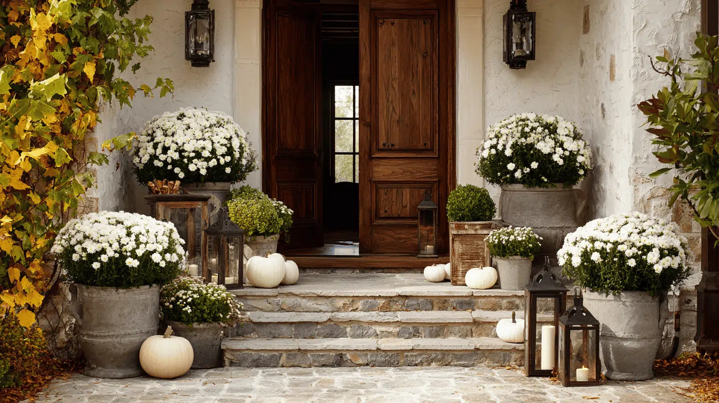 Stone planters with white mums and pumpkins framing the front door for fall.
