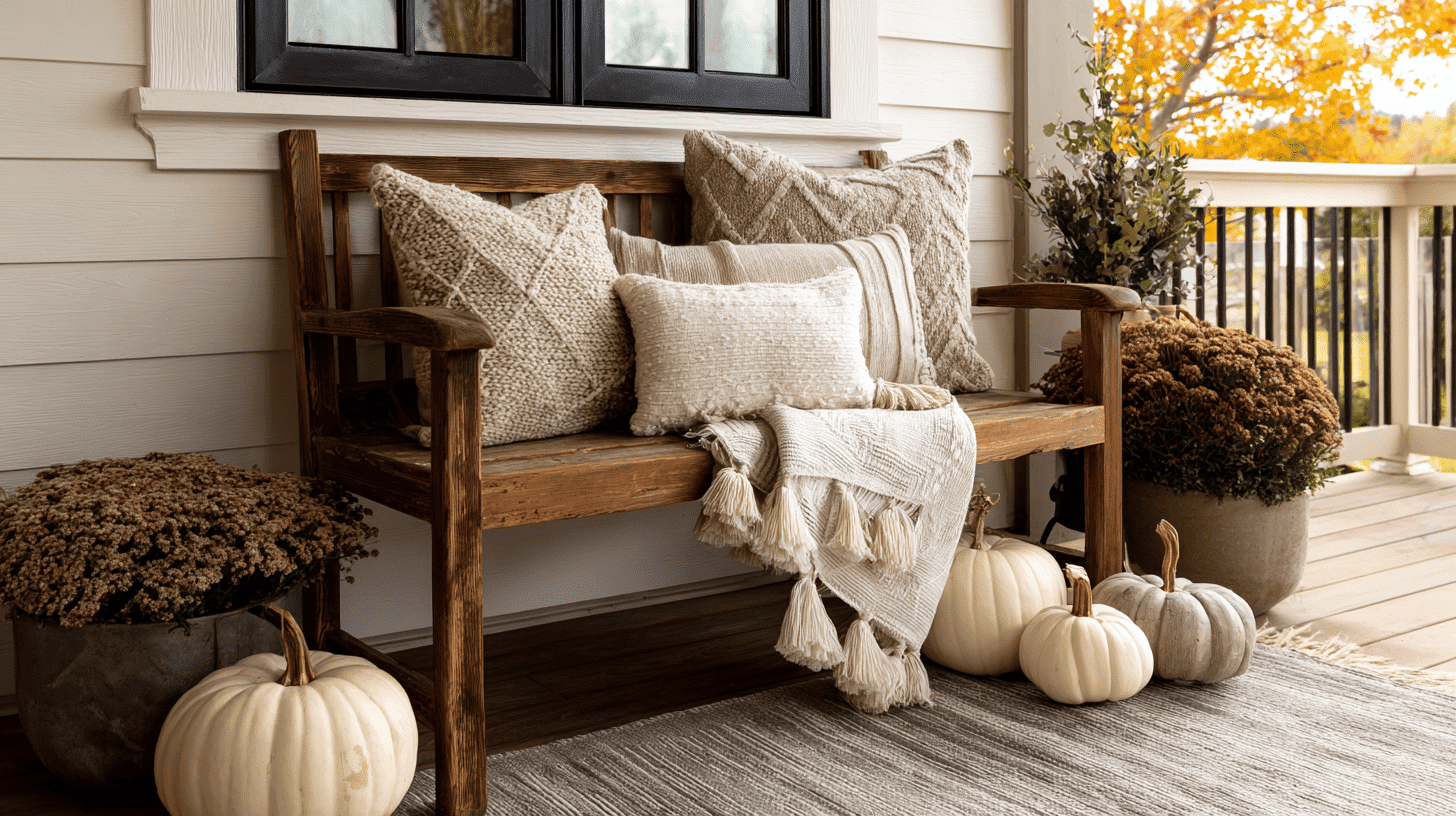 Wooden porch bench with neutral pillows, a throw, and seasonal pumpkins nearby.