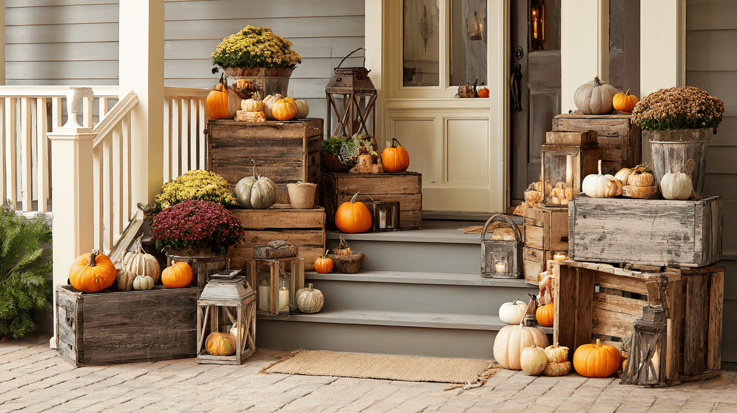 Porch decorated with wooden crates and barrels topped with pumpkins and gourds.
