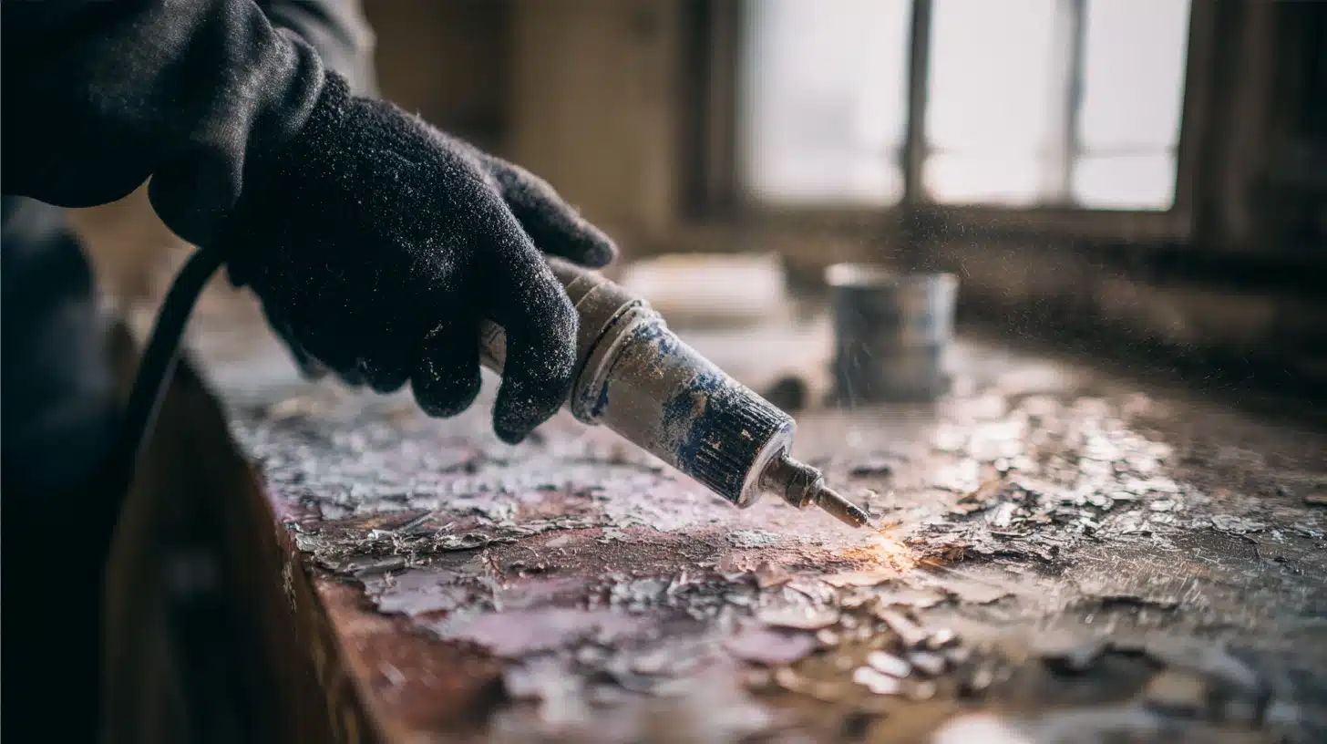 Heat gun softening paint on a wooden frame