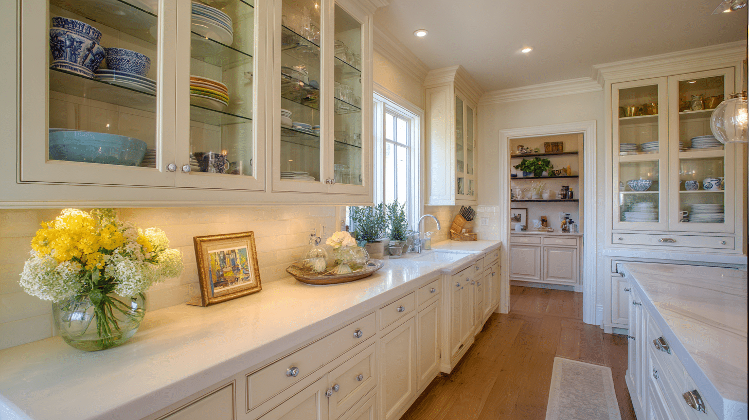 Kitchen With Glass Front Cabinets And Displayed Dishes