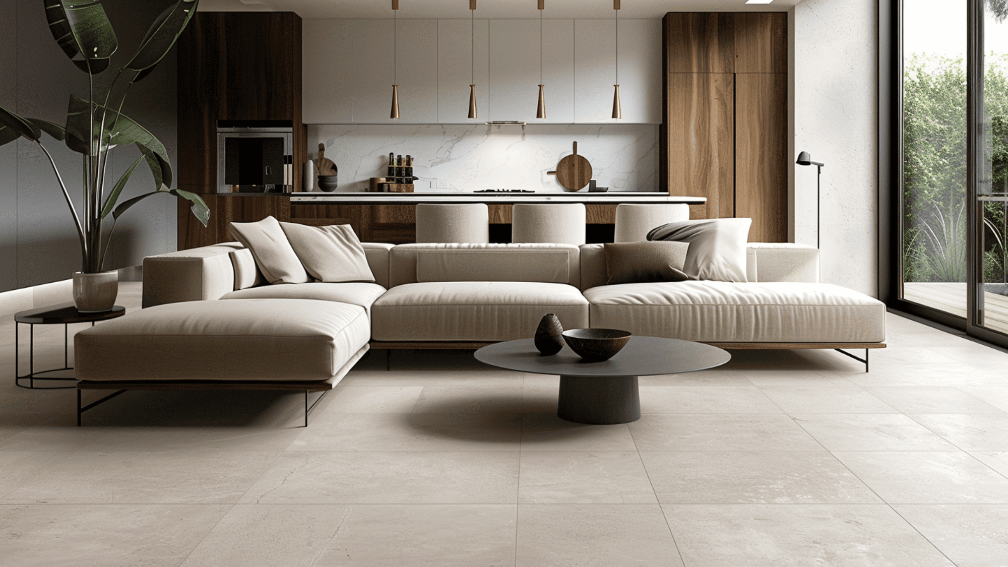  Modern living room with a beige sectional sofa and a round coffee table on large format tile flooring. Open kitchen with wood cabinets and pendant lights in the background. Warm, inviting atmosphere with natural light from glass doors.